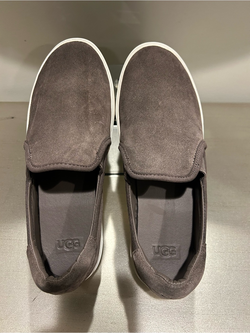 UGG Men's Slip-On Suede Loafers in Dark Brown with White Sole